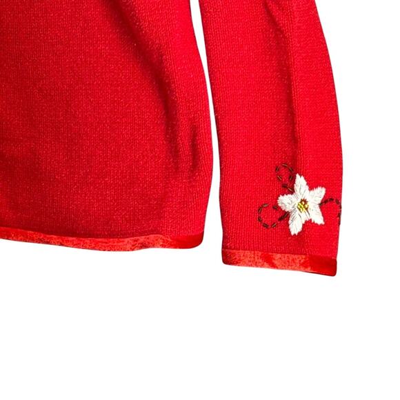 Mercer Street Studio Vintage Red White Beaded Poinsettia  Button Up Sweater M - Picture 5 of 7